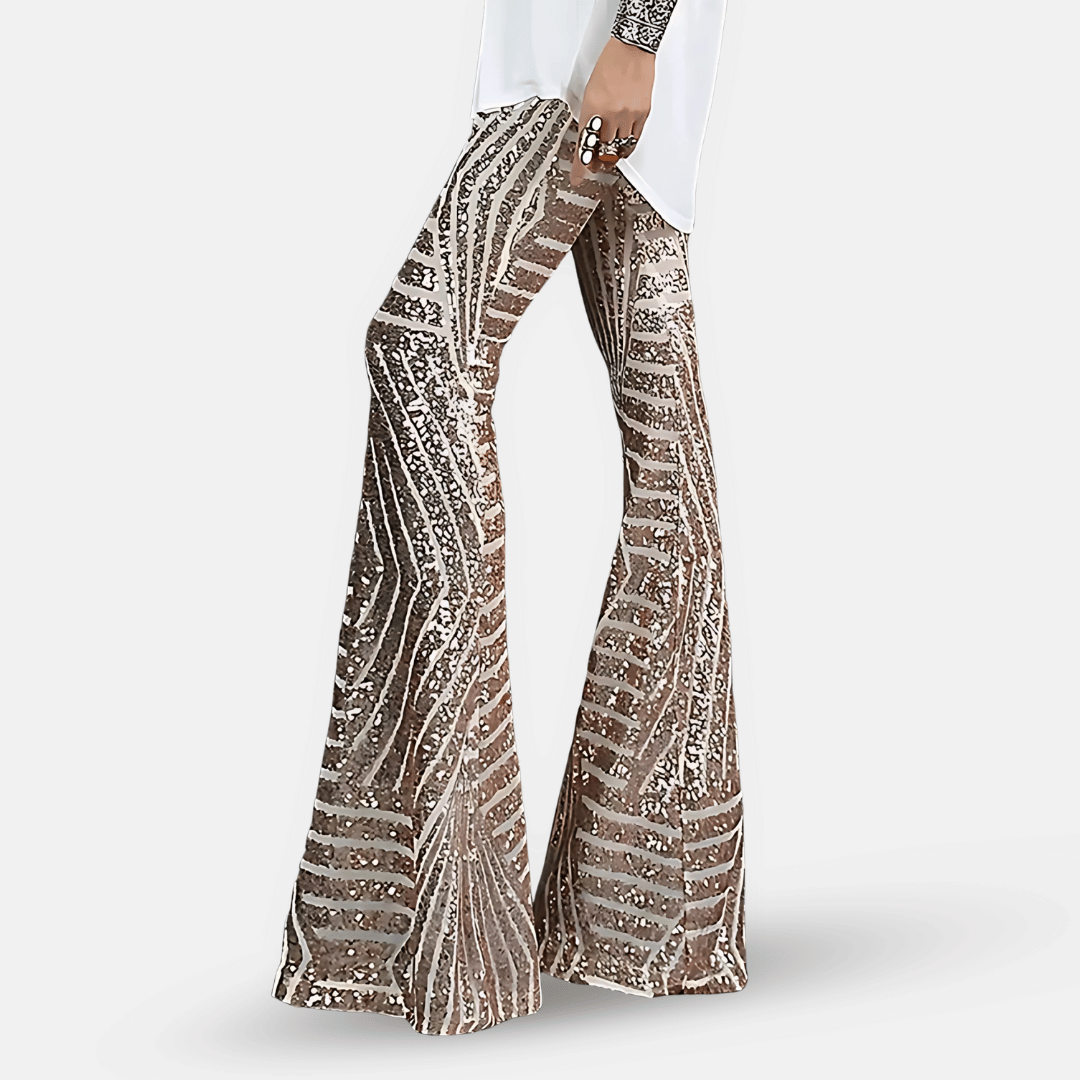 Pantaloni Donna a Vita Alta in Tessuto con Paillettes Svasati - Vesarelli