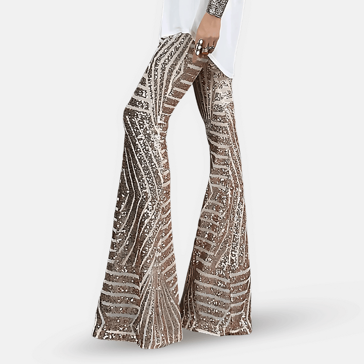 Pantaloni Donna a Vita Alta in Tessuto con Paillettes Svasati - Vesarelli