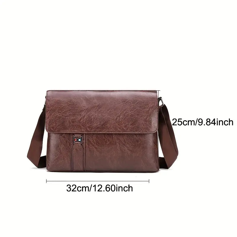 Borsa a tracolla in pelle marrone, dimensioni 32x25 cm, design elegante con chiusura a fibbia, ideale per lavoro e uso quotidiano.