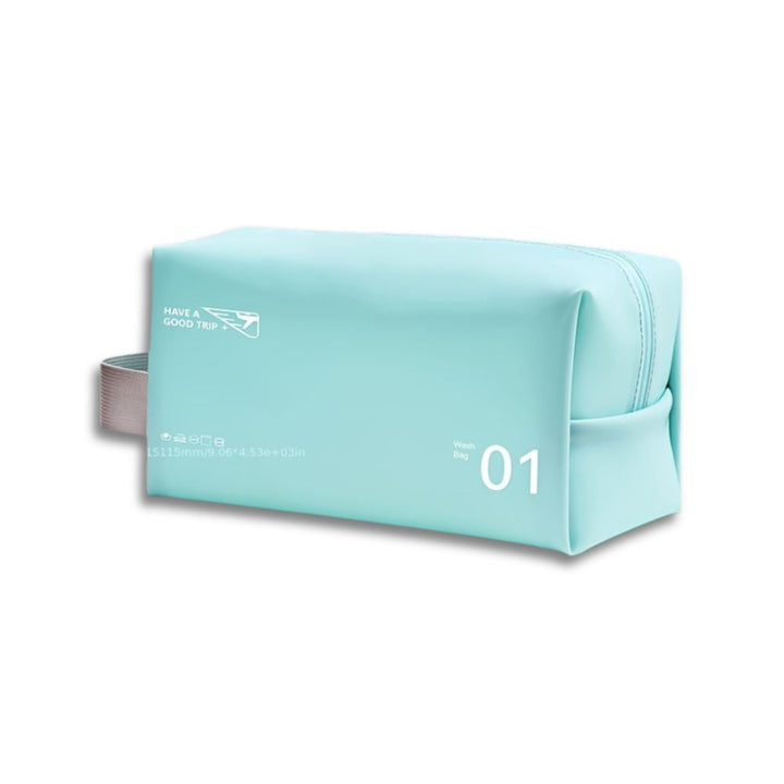 Astuccio da viaggio azzurro con cerniera, design moderno, manico laterale grigio. Ideale per cosmetici e accessori. Dimensioni compatte.