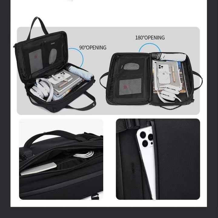 Zaino porta PC nero con apertura a 90° e 180°, scomparti per laptop, tablet, cuffie e accessori, ideale per viaggi e lavoro.