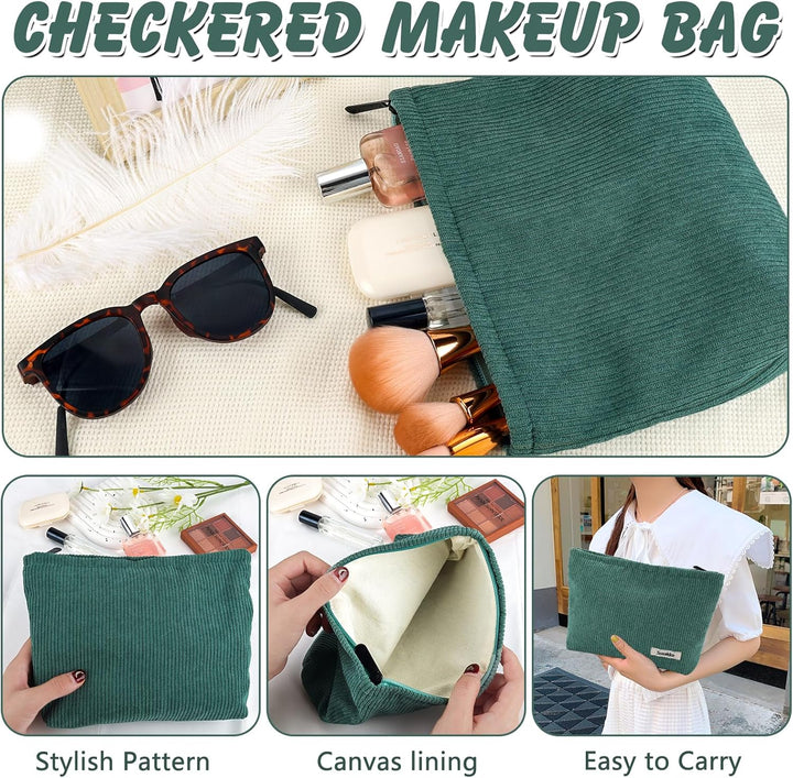 Borsa trucco a quadri verde, design elegante, fodera in tela, facile da trasportare. Include occhiali da sole, pennelli e cosmetici.