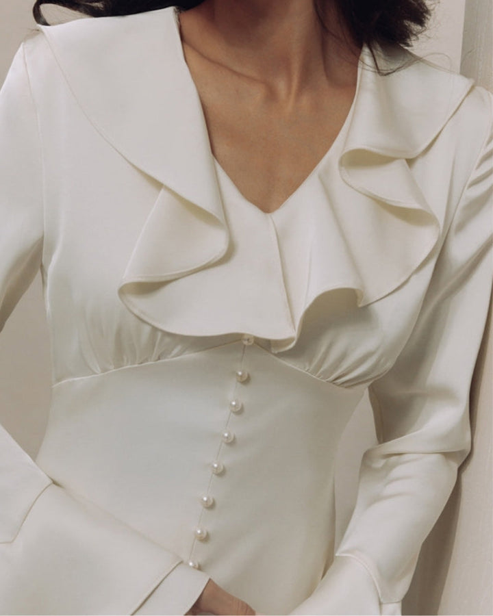 Abito Midi Donna con Rouches Bottoni Perla Vestibilità Fluida