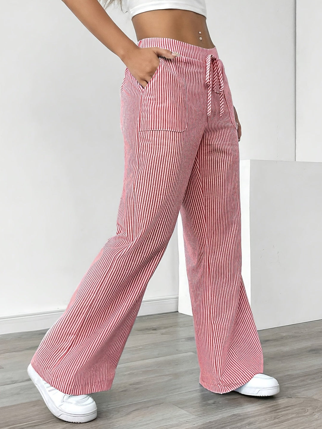 Pantaloni Donna Lounge in Tessuto a Righe Vita Alta Gamba Larga
