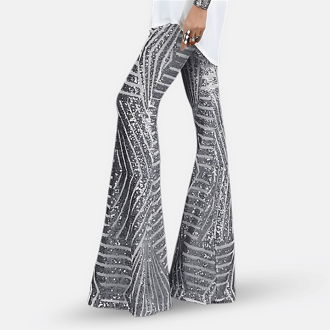 Pantaloni Donna a Vita Alta in Tessuto con Paillettes Svasati
