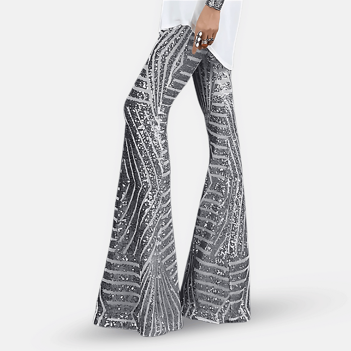 Pantaloni Donna a Vita Alta in Tessuto con Paillettes Svasati