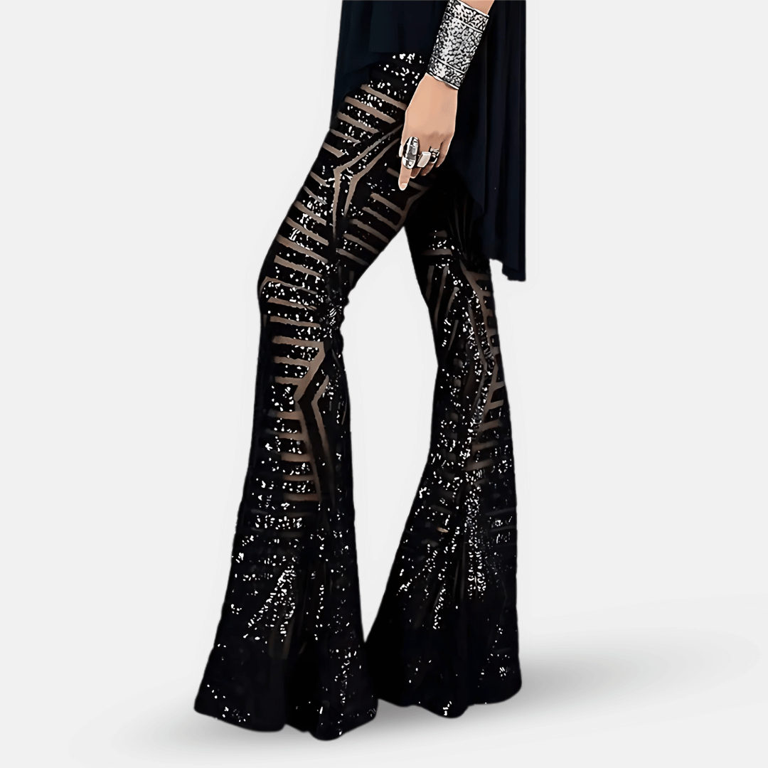 Pantaloni Donna a Vita Alta in Tessuto con Paillettes Svasati