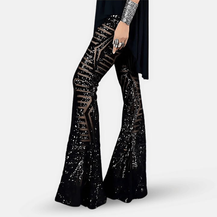 Pantaloni Donna a Vita Alta in Tessuto con Paillettes Svasati