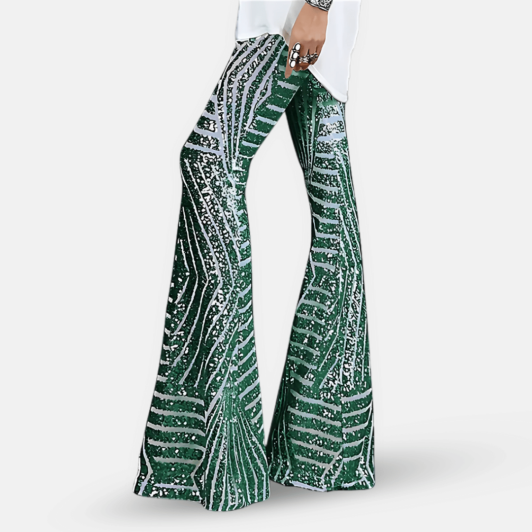 Pantaloni Donna a Vita Alta in Tessuto con Paillettes Svasati