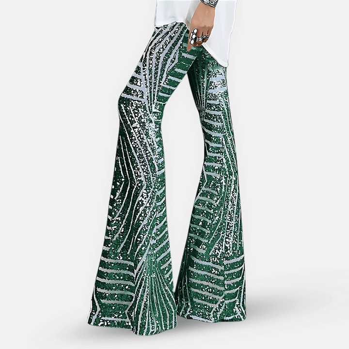 Pantaloni Donna a Vita Alta in Tessuto con Paillettes Svasati