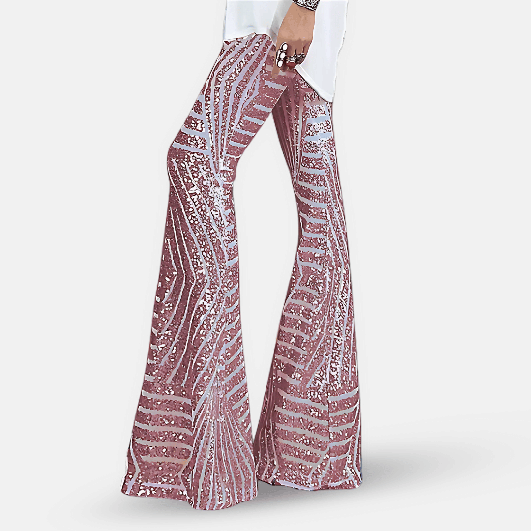 Pantaloni Donna a Vita Alta in Tessuto con Paillettes Svasati