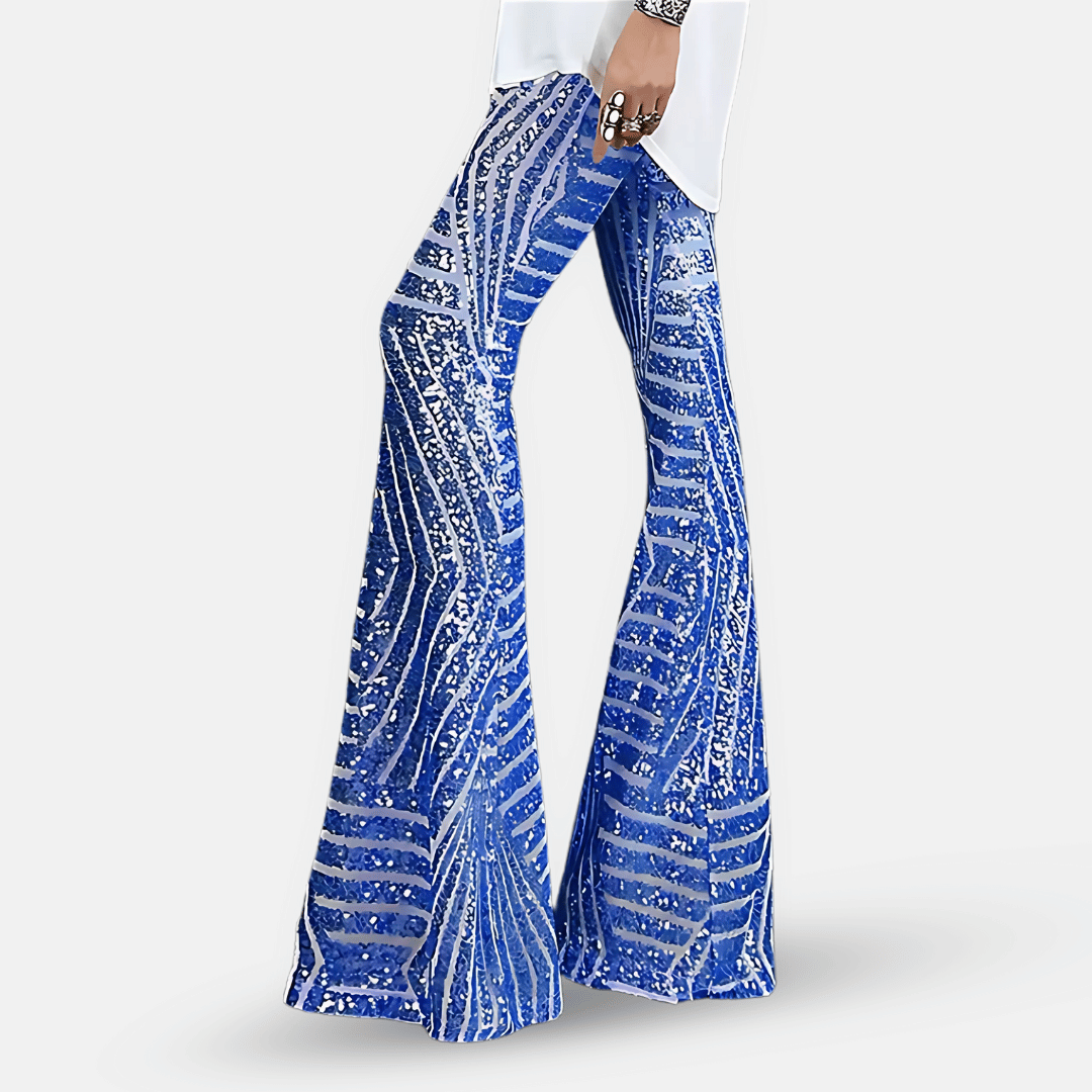 Pantaloni Donna a Vita Alta in Tessuto con Paillettes Svasati