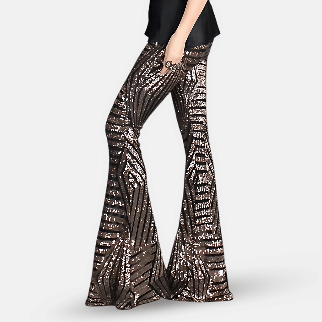 Pantaloni Donna a Vita Alta in Tessuto con Paillettes Svasati