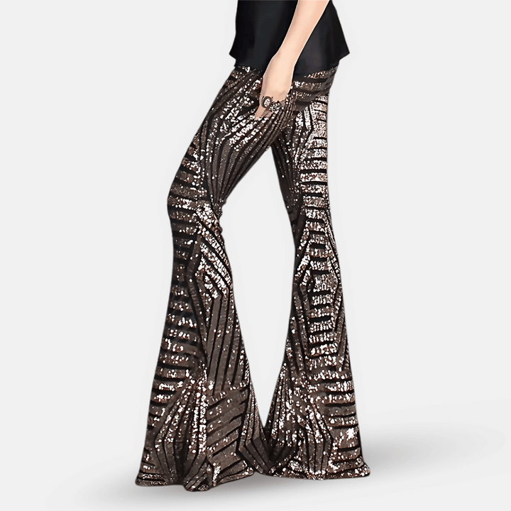 Pantaloni Donna a Vita Alta in Tessuto con Paillettes Svasati