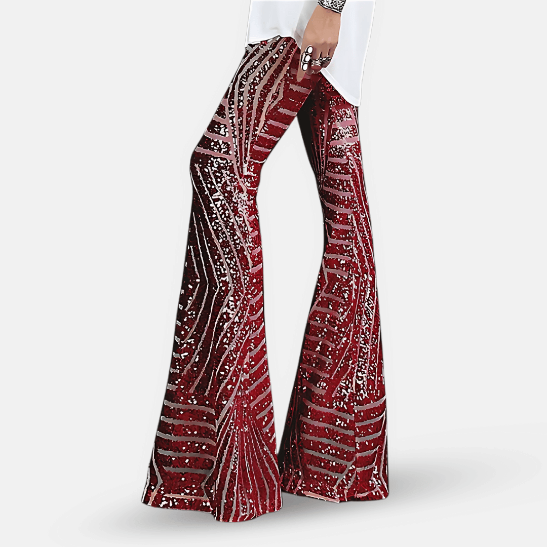 Pantaloni Donna a Vita Alta in Tessuto con Paillettes Svasati