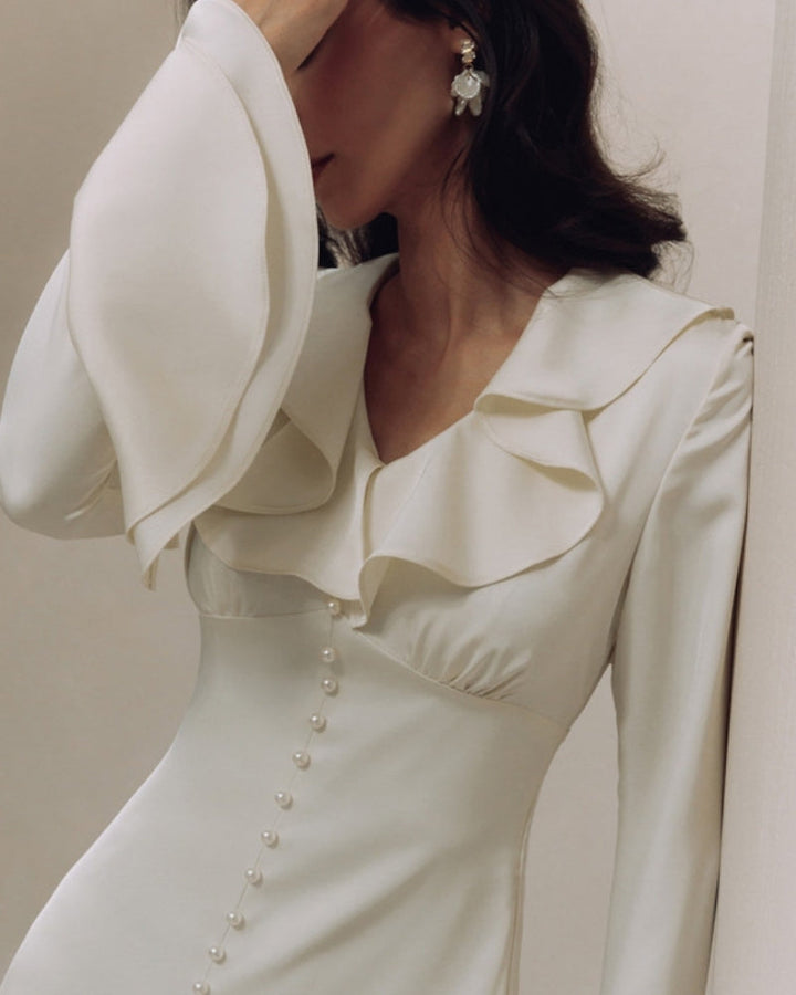 Abito Midi Donna con Rouches Bottoni Perla Vestibilità Fluida