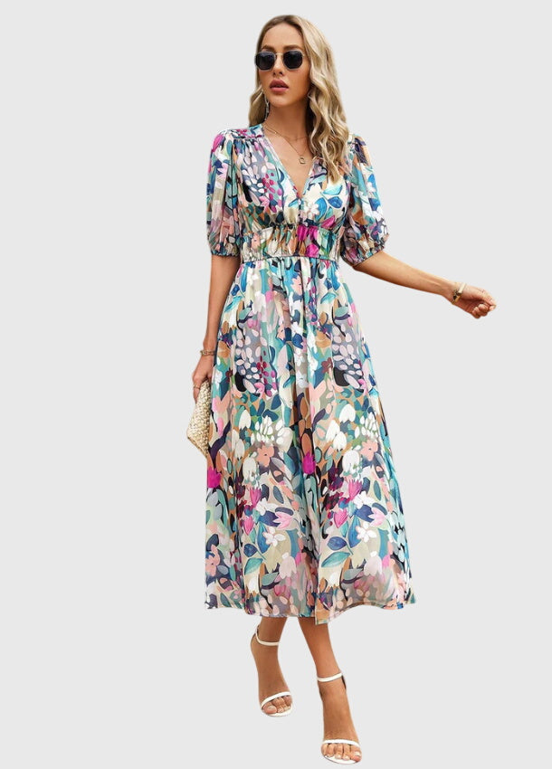 Abito Midi Donna in Tessuto Floreale Taglio Valorizzante - Vesarelli