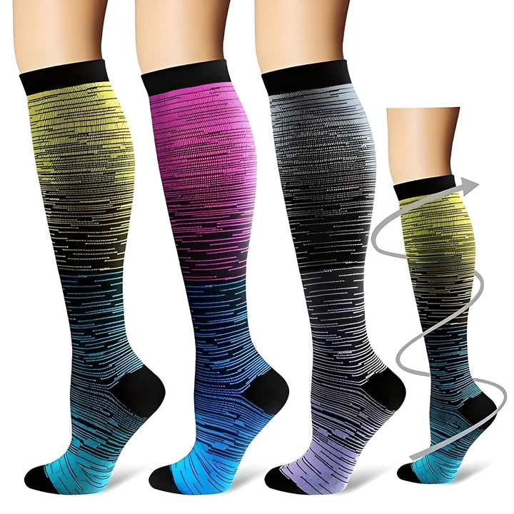 Calze a compressione colorate per uomo e donna, design sfumato giallo, rosa e blu, supporto sportivo e comfort, taglia unica.