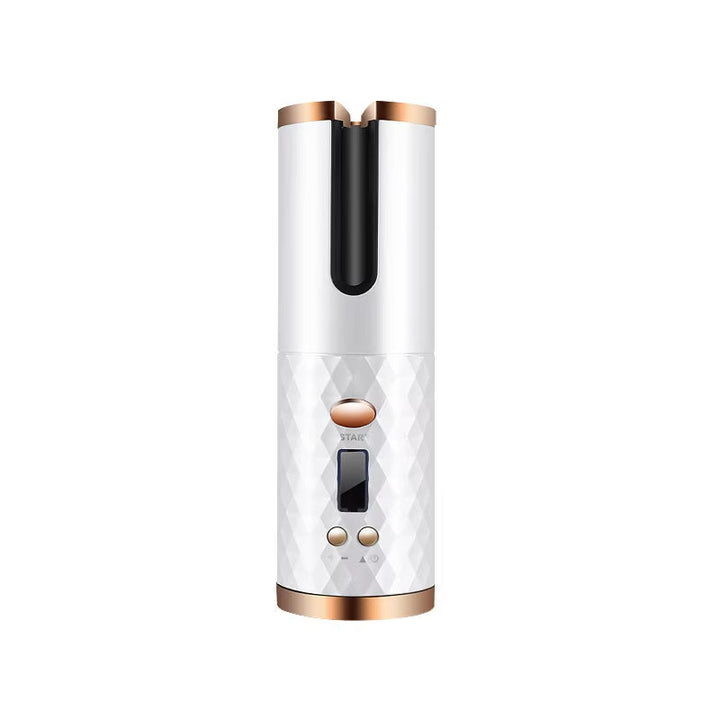 Arricciacapelli automatico bianco e oro, design portatile senza fili, display digitale, ideale per styling capelli ricci, tecnologia avanzata.