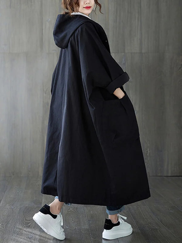 Cappotto Lungo Donna Impermeabile Oversize con Cappuccio e Tasche