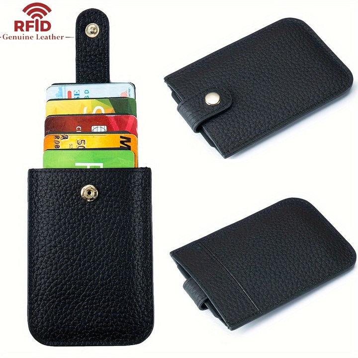Portafoglio in pelle nera con protezione RFID, design compatto, scomparti per carte di credito, chiusura a bottone. Accessorio elegante e sicuro.