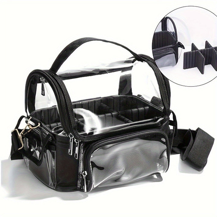 Borsa trasparente in PVC con tracolla regolabile, scomparti interni rimovibili, ideale per viaggi e eventi. Design pratico e resistente.