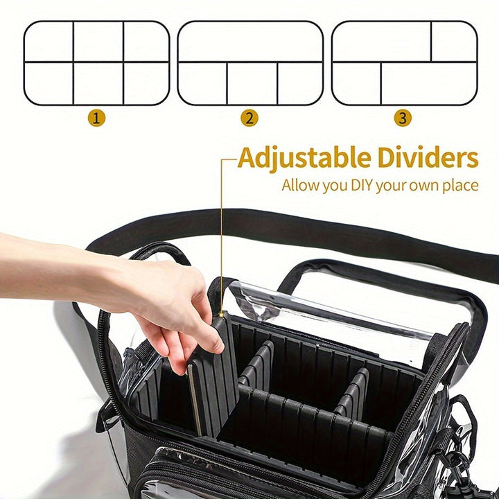 Borsa organizer trasparente con divisori regolabili, ideale per cosmetici e accessori. Design versatile, personalizzabile, perfetto per viaggi e uso quotidiano.