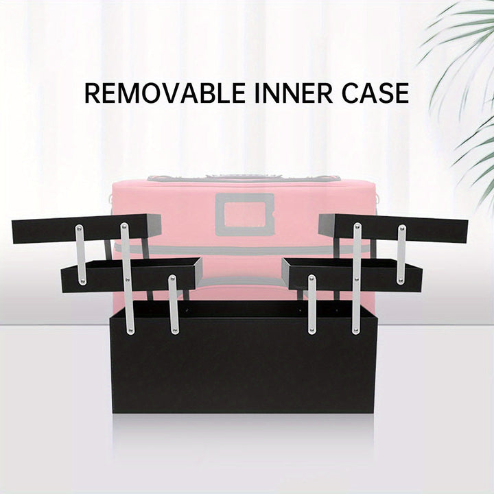 Scatola porta trucchi nera con scomparti interni rimovibili, design elegante, ideale per organizzare cosmetici e accessori di bellezza.