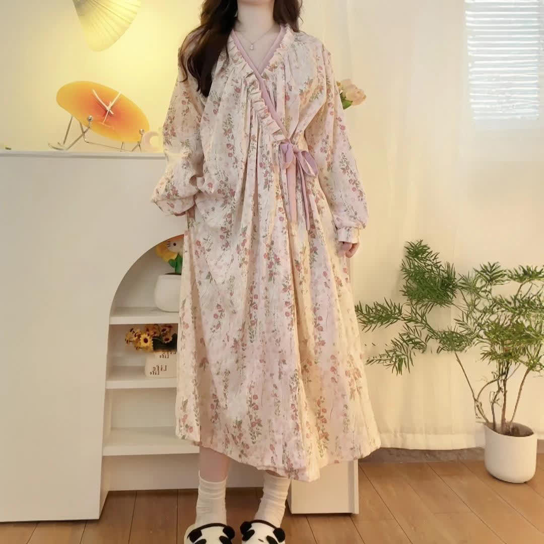 Camicia da Notte Lunga Donna Scollo a V Manica Lunga Leggera - Vesarelli