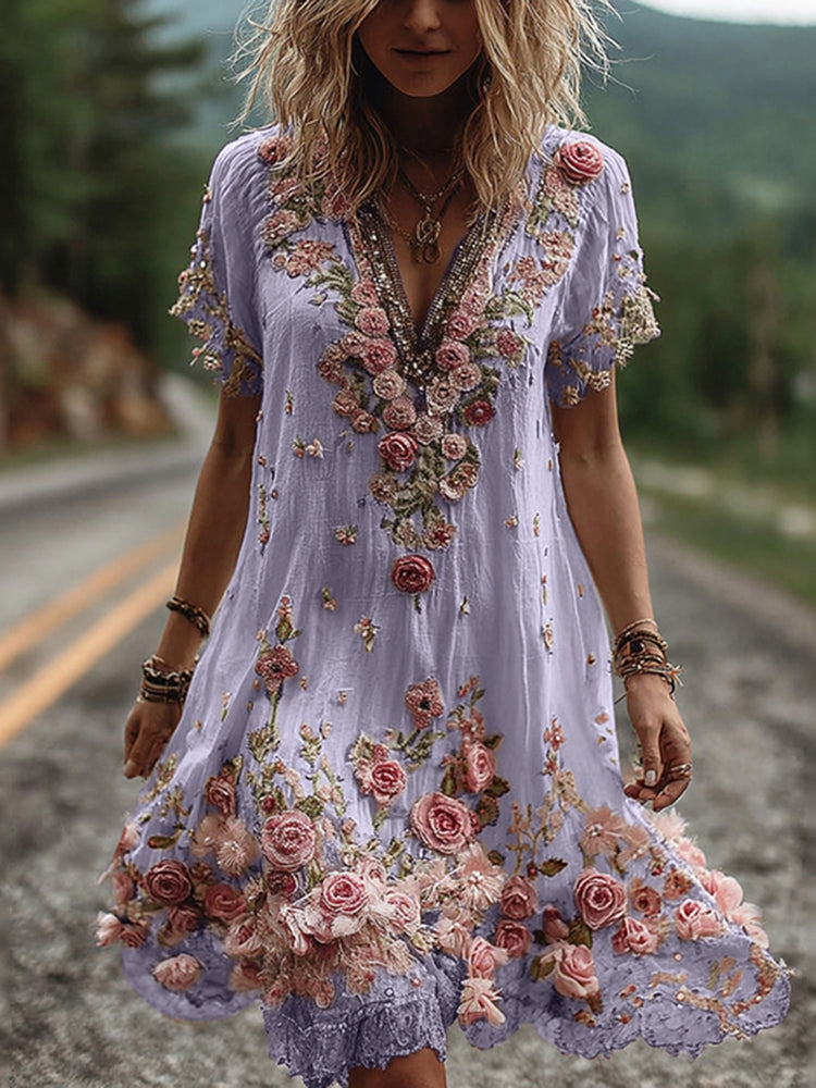 Abito Donna Ricamato Floreale Scollo a V Stile Elegante