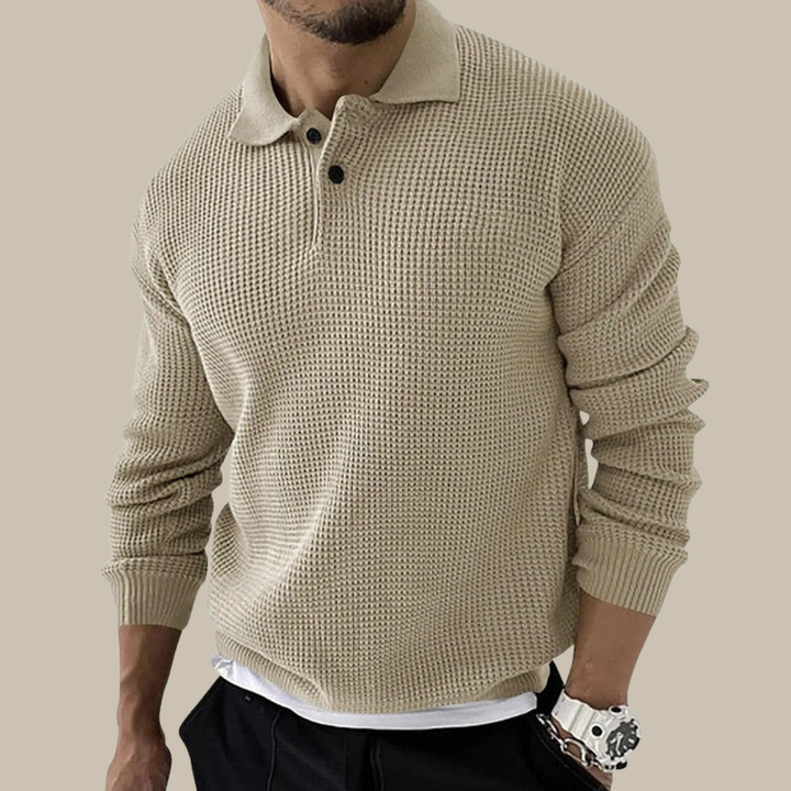 Maglione uomo beige a maglia grossa con colletto e bottoni, maniche lunghe, stile casual elegante, ideale per autunno e inverno.
