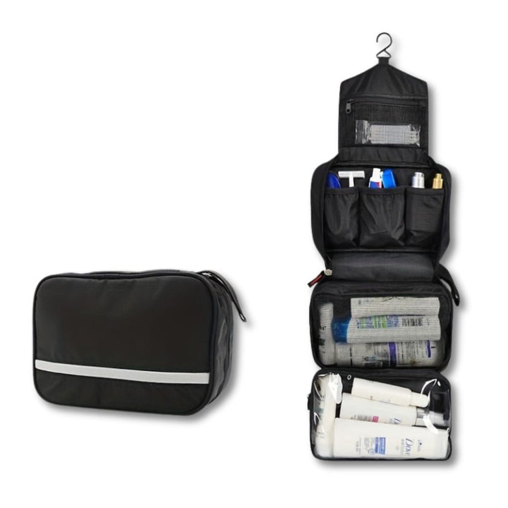 Borsa da toilette da viaggio nera, appendibile, con scomparti multipli per organizzare cosmetici e articoli da bagno. Ideale per viaggi e uso quotidiano.