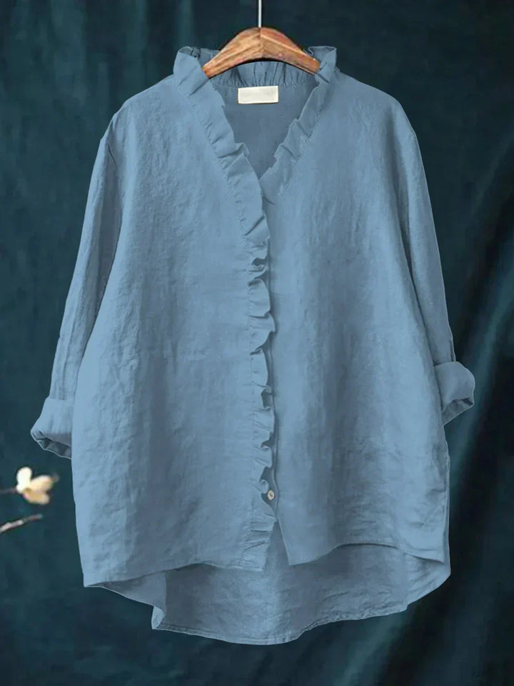 Camicia Donna in Lino Cotone con Volant e Bottoni Manica Corta