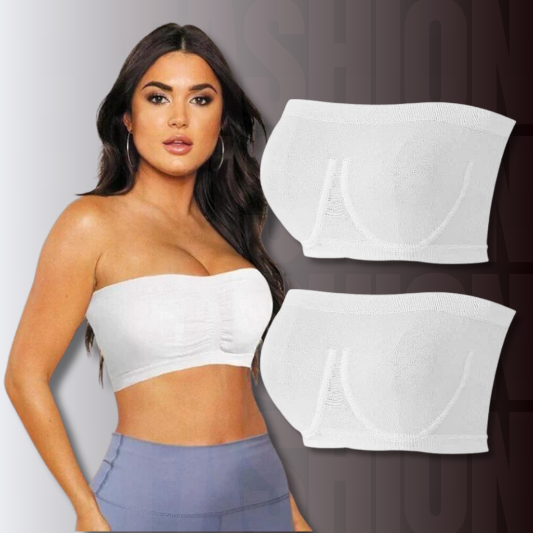Top senza spalline bianco per donna, design confortevole e senza cuciture, ideale per abbigliamento estivo e sportivo. Set di due pezzi.