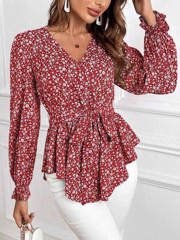 Camicetta Donna Maniche Lunghe Scollo a V Stampa Floreale