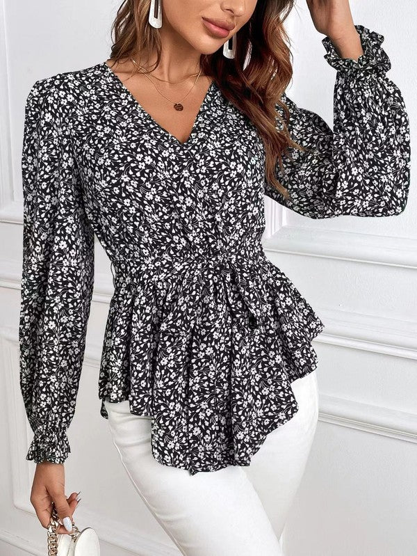 Camicetta Donna Maniche Lunghe Scollo a V Stampa Floreale