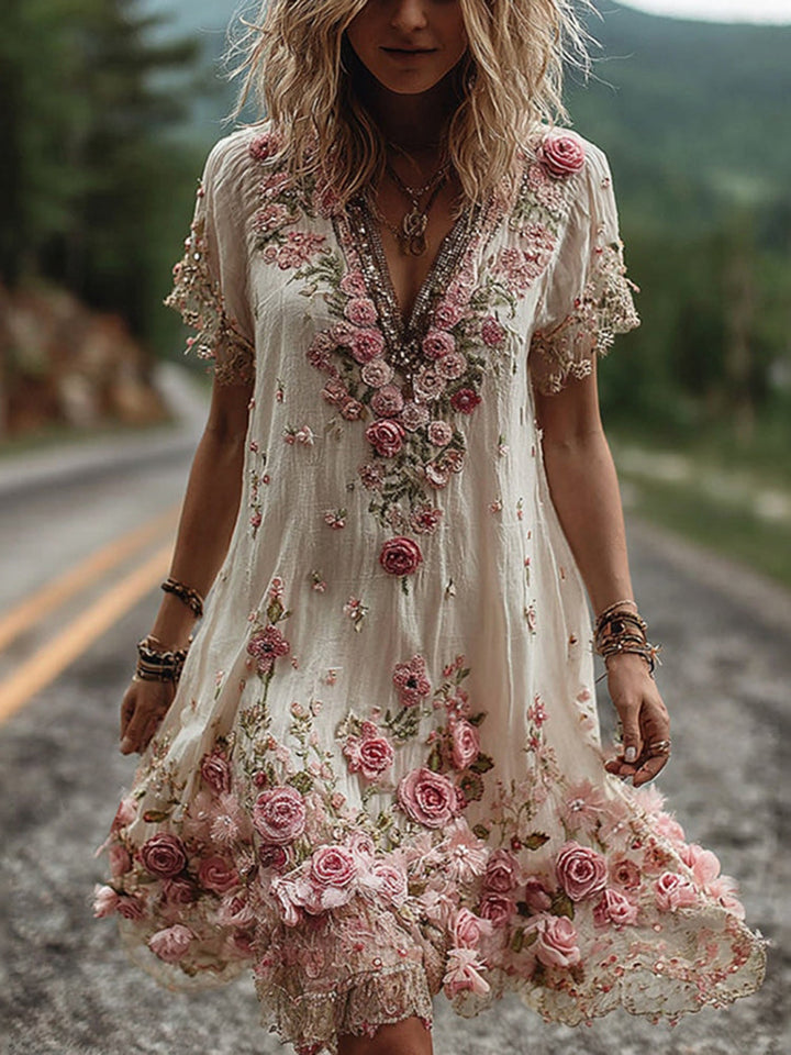 Abito Donna Ricamato Floreale Scollo a V Stile Elegante
