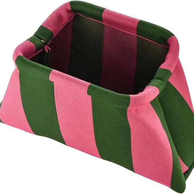 Borsa organizer in tessuto a righe rosa e verde, design pieghevole, ideale per borse grandi, accessorio moda pratico e colorato.