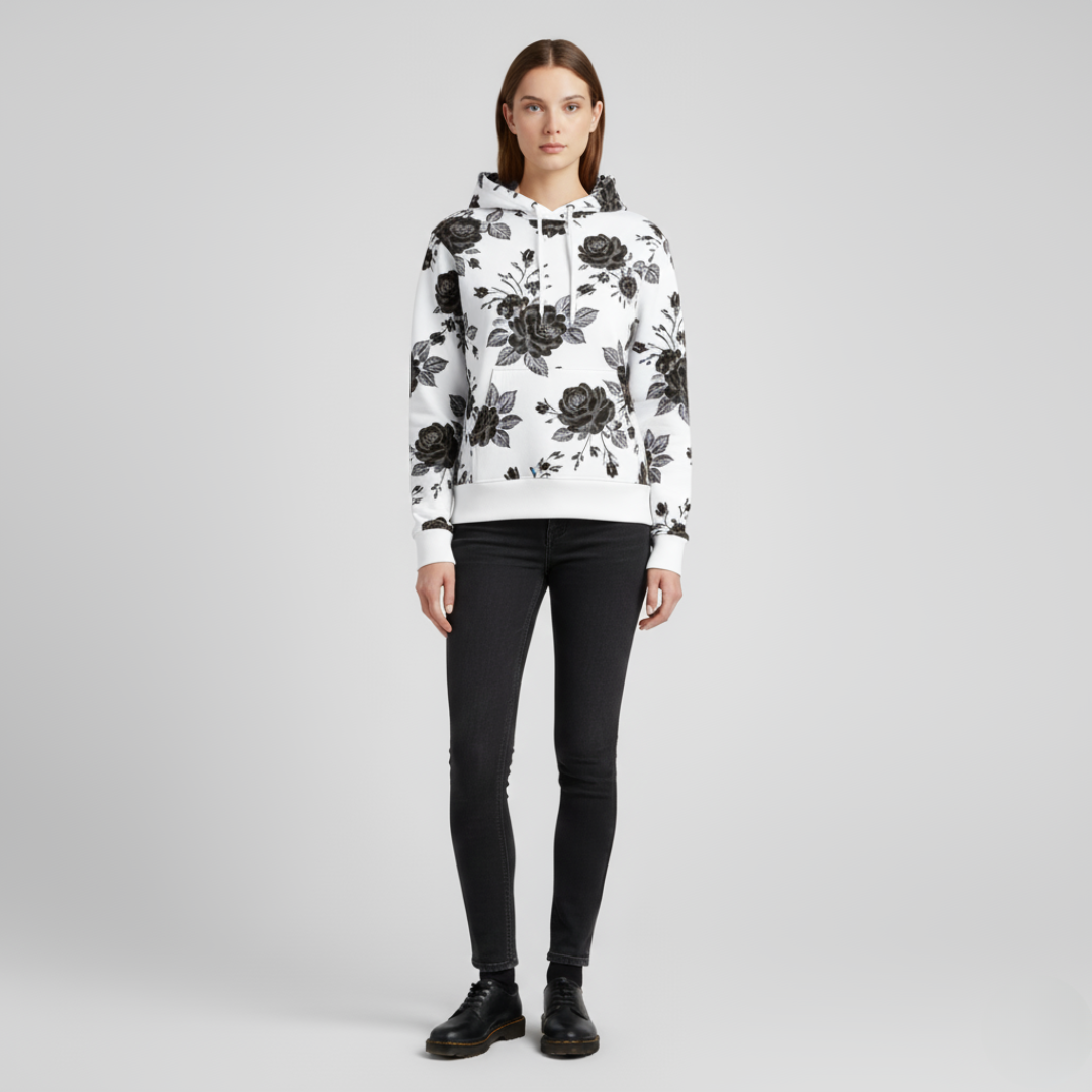 Felpa Donna con Cappuccio Motivo Floreale Vestibilità Regular - Vesarelli