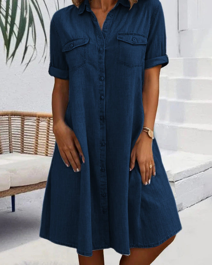 Abito Midi Donna con Colletto a Revers e Bottoni