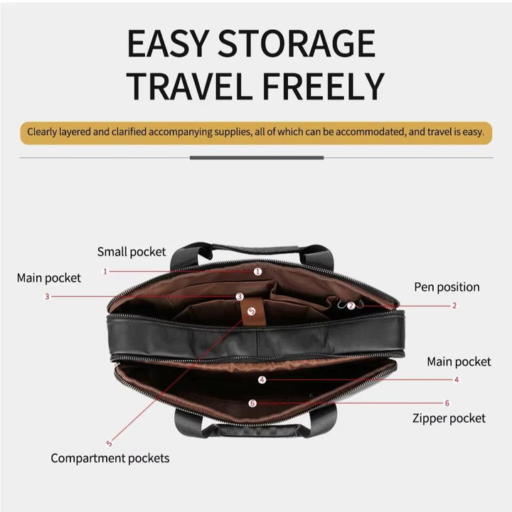 Borsa da lavoro in pelle nera con tasche multiple, scomparti per penne e zip, ideale per viaggi e organizzazione. Design elegante e funzionale.