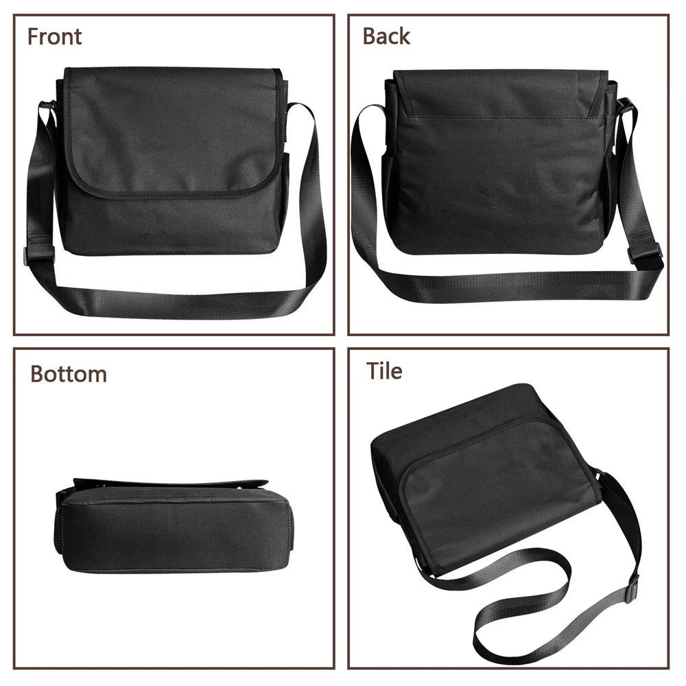 Borsa a tracolla nera unisex, vista frontale, posteriore e laterale. Design semplice, ideale per lavoro e viaggio. Tasche multiple, tracolla regolabile.