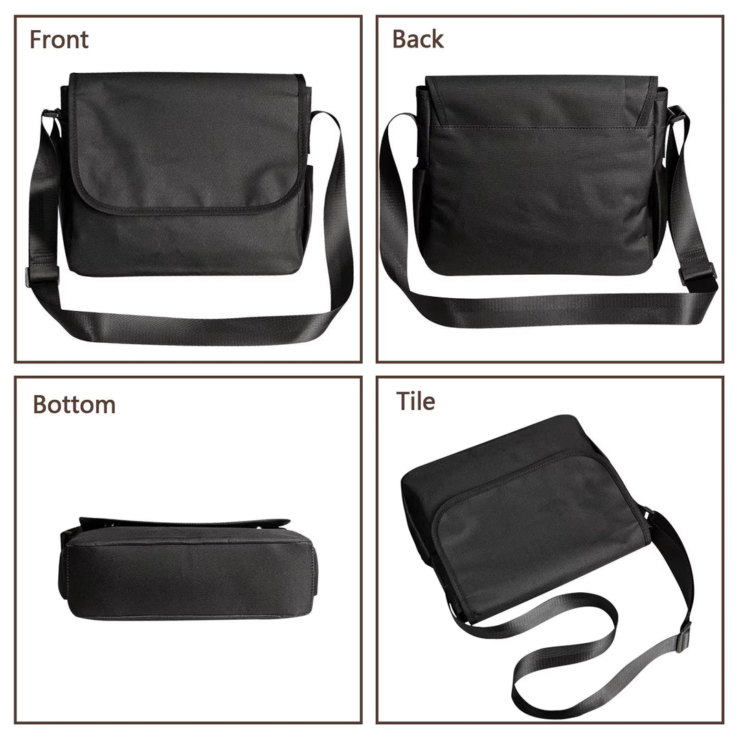 Borsa a tracolla nera unisex, vista frontale, posteriore e laterale. Design semplice, ideale per lavoro e viaggio. Tasche multiple, tracolla regolabile.