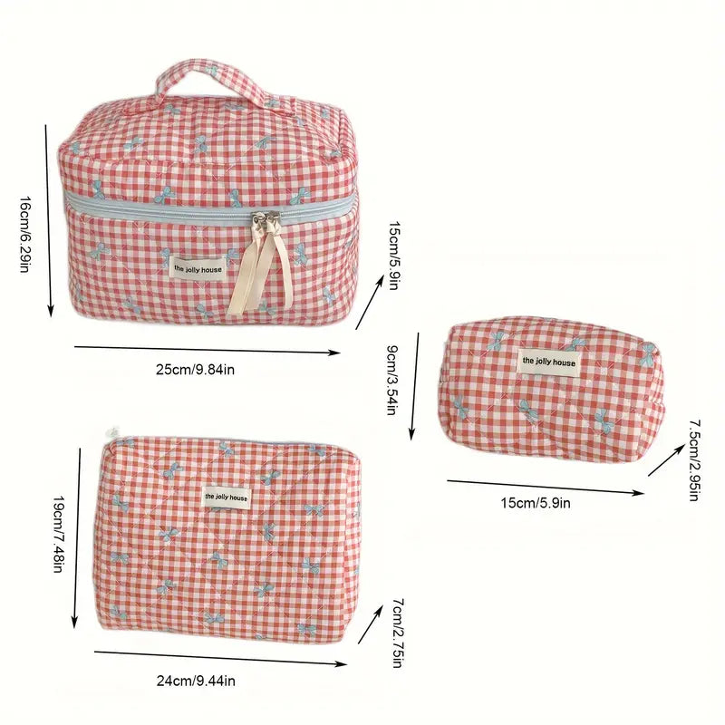 Set di borse da viaggio a quadretti rossi e bianchi, include borsa grande 25x16x15cm, media 24x18x7cm, piccola 15x7,5x7cm, con cerniera e manico.