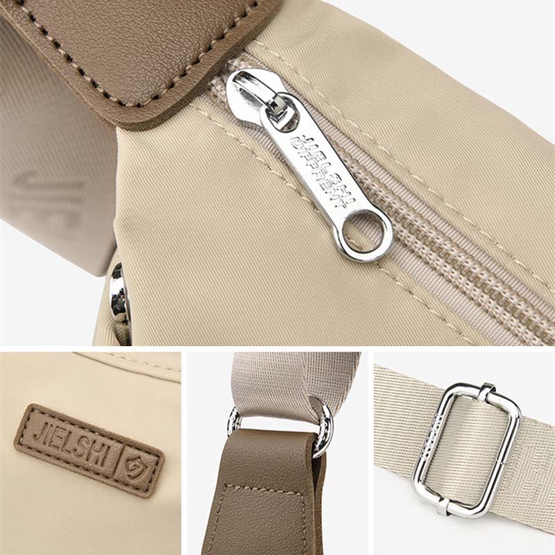 Zaino beige in tessuto resistente con cerniera metallica, fibbia regolabile e logo Nielshi. Design elegante e funzionale per viaggi e uso quotidiano.