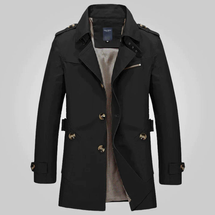 Cappotto trench nero da uomo, elegante e moderno, con bottoni e cintura, ideale per l&