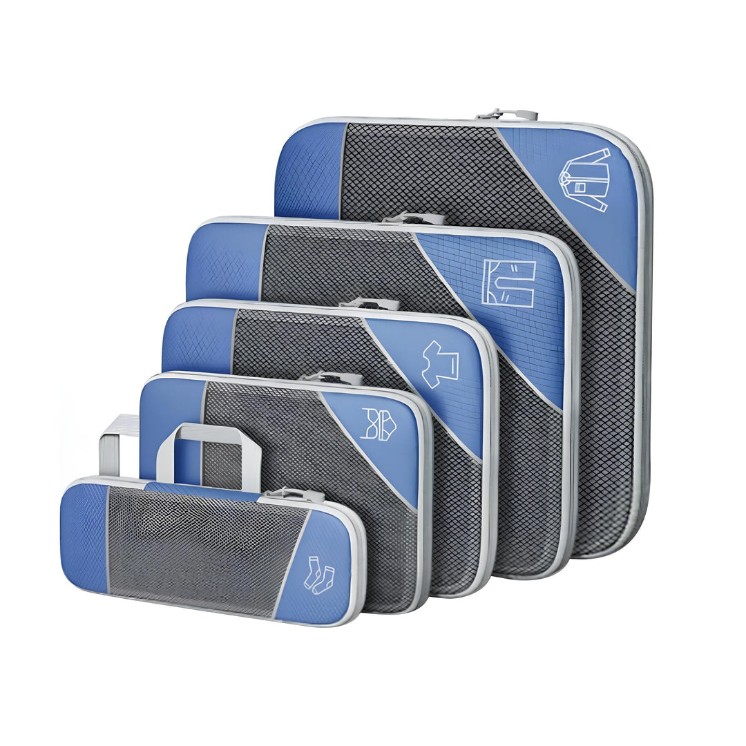Set di organizer da viaggio blu e grigio, 5 pezzi, con cerniera, per valigia. Ideale per organizzare vestiti e accessori. Design moderno e funzionale.