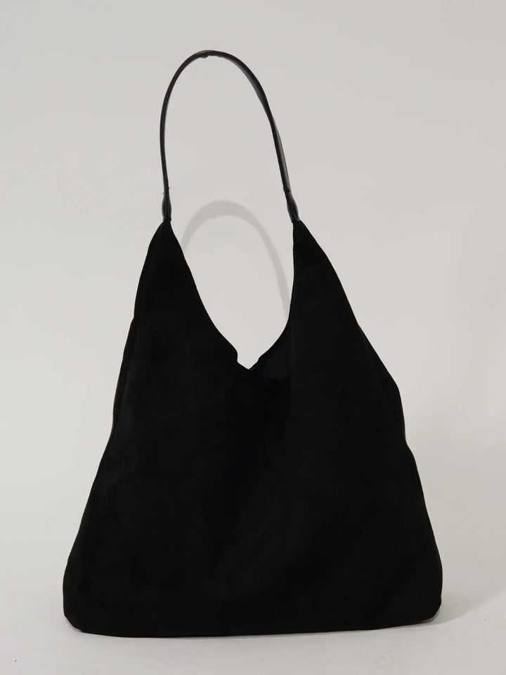 Borsa a spalla nera in pelle scamosciata, design minimalista, manico singolo, ideale per moda donna, accessorio elegante e versatile.