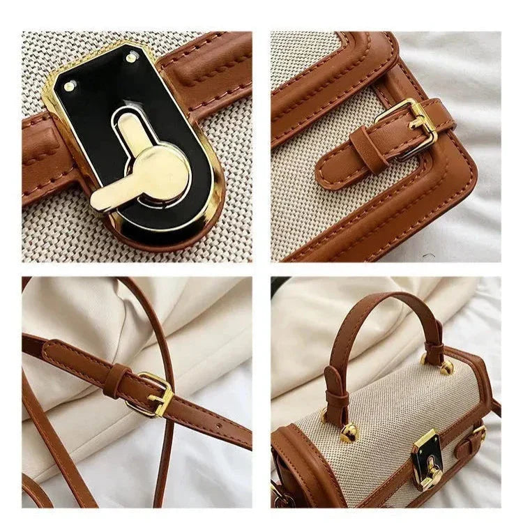 Borsa a tracolla in pelle marrone e tessuto beige, dettagli in metallo dorato, chiusura a girello, manico superiore, design elegante e moderno.
