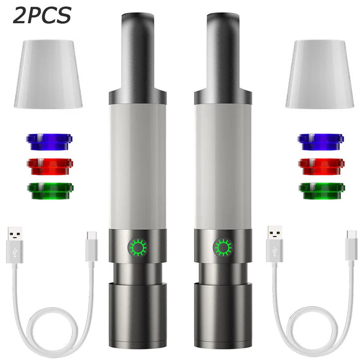 2 aspirapolvere portatili senza fili, ricaricabili USB, con accessori colorati, design compatto, ideali per auto e casa.
